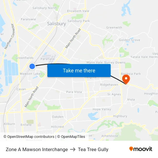 Zone A Mawson Interchange to Tea Tree Gully map