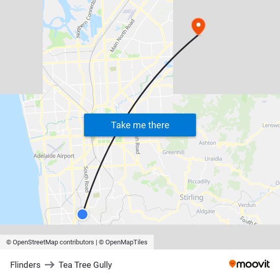 Flinders to Tea Tree Gully map