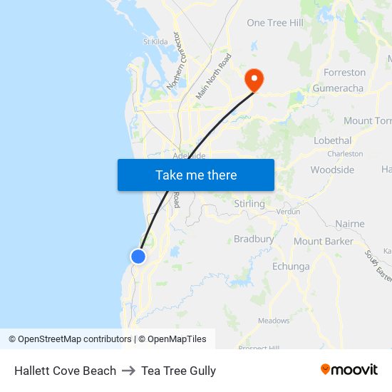 Hallett Cove Beach to Tea Tree Gully map