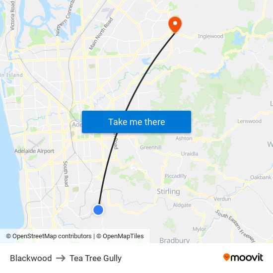 Blackwood to Tea Tree Gully map