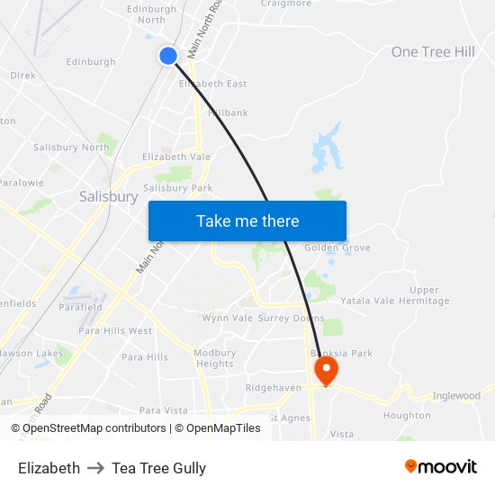 Elizabeth to Tea Tree Gully map