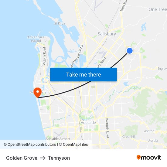 Golden Grove to Tennyson map