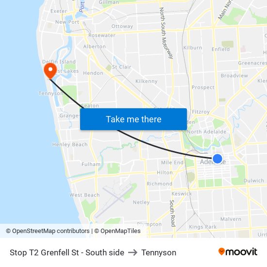 Stop T2 Grenfell St - South side to Tennyson map