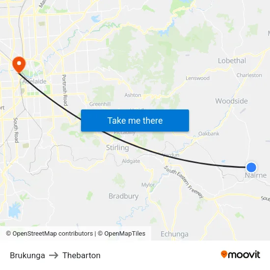 Brukunga to Thebarton map
