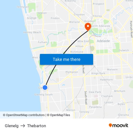 Glenelg to Thebarton map