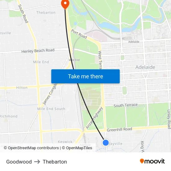 Goodwood to Thebarton map
