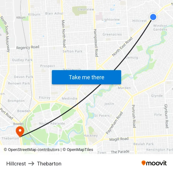 Hillcrest to Thebarton map