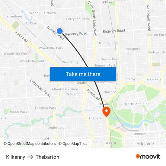 Kilkenny to Thebarton map