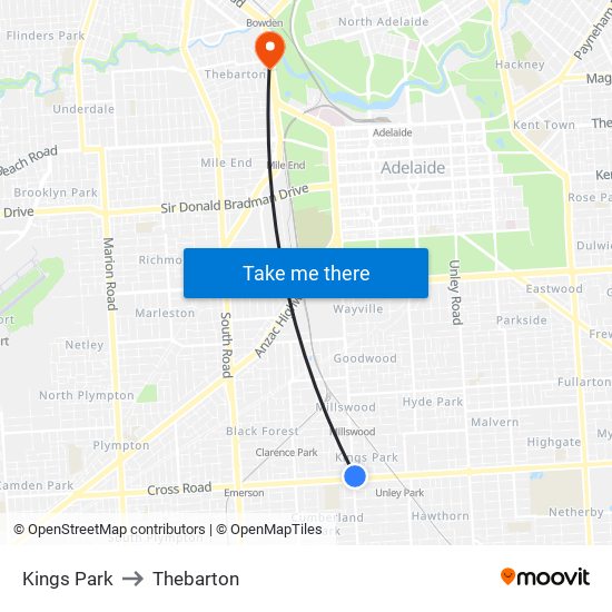 Kings Park to Thebarton map