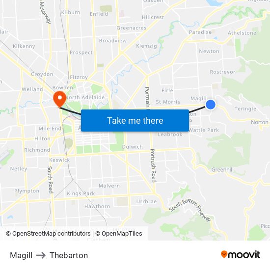 Magill to Thebarton map