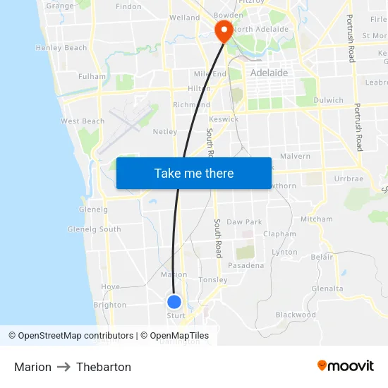 Marion to Thebarton map