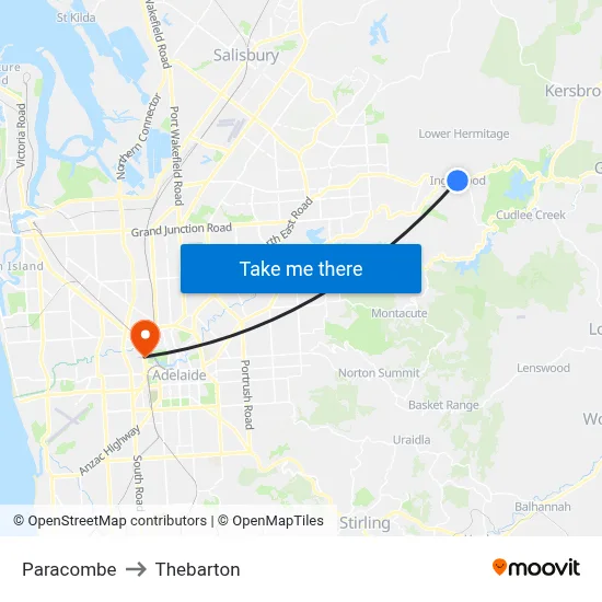 Paracombe to Thebarton map