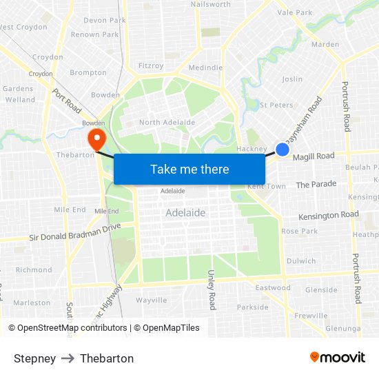 Stepney to Thebarton map