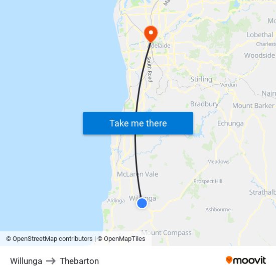 Willunga to Thebarton map