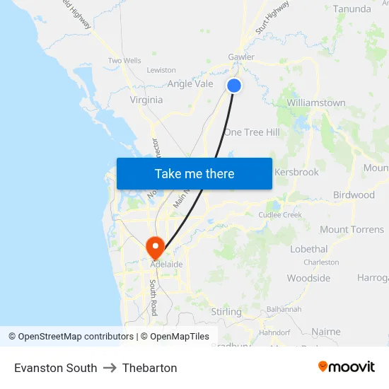 Evanston South to Thebarton map