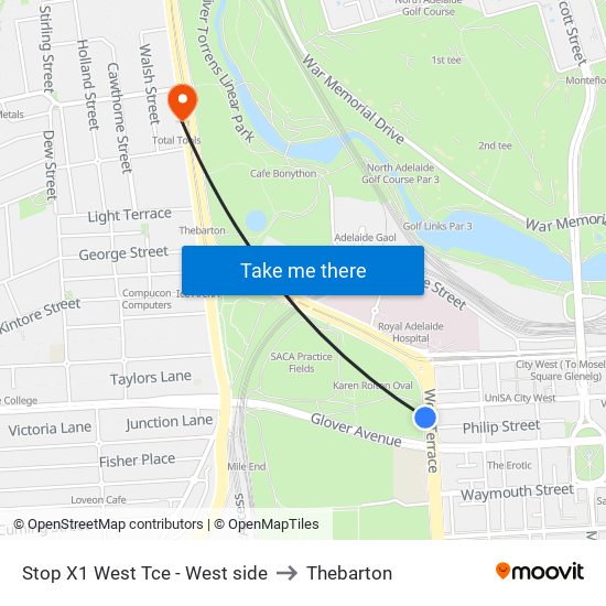 Stop X1 West Tce - West side to Thebarton map