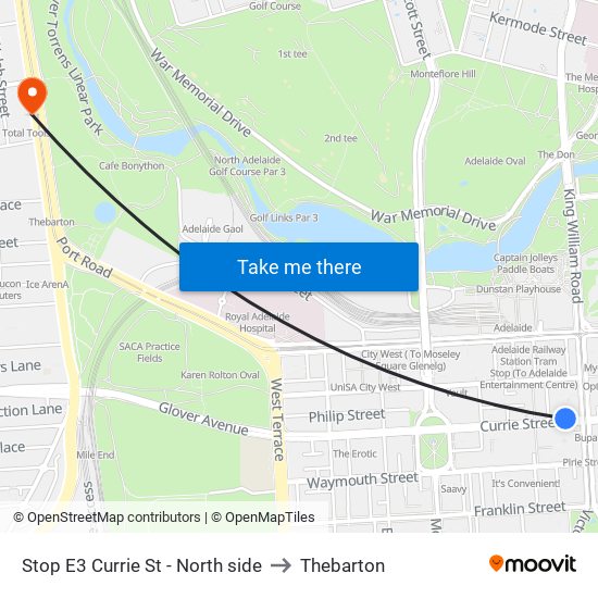 Stop E3 Currie St - North side to Thebarton map