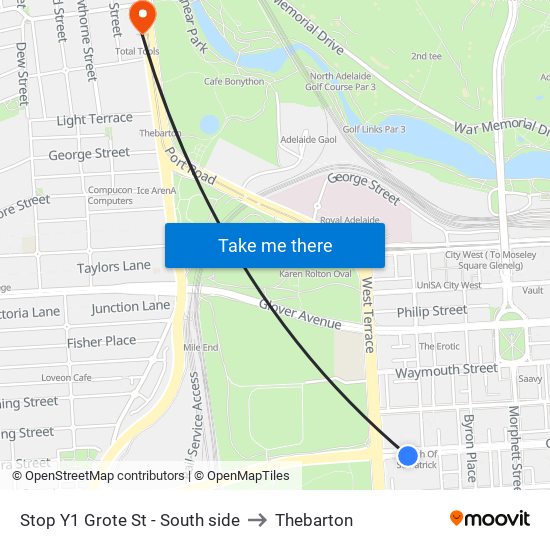 Stop Y1 Grote St - South side to Thebarton map