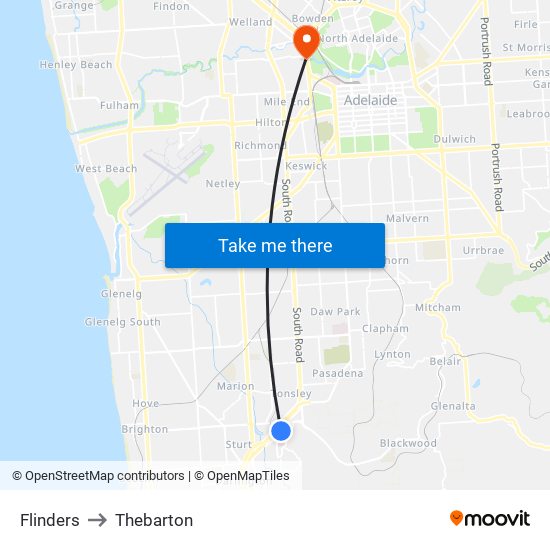 Flinders to Thebarton map