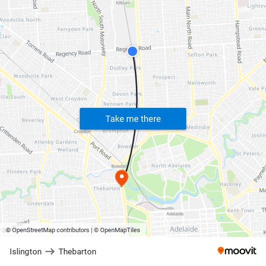 Islington to Thebarton map