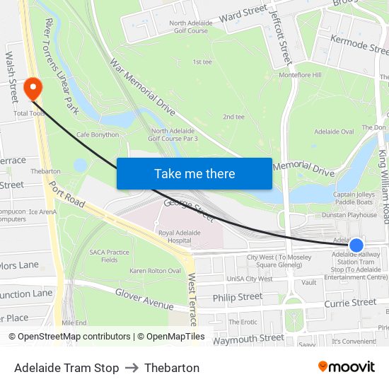 Adelaide Tram Stop to Thebarton map