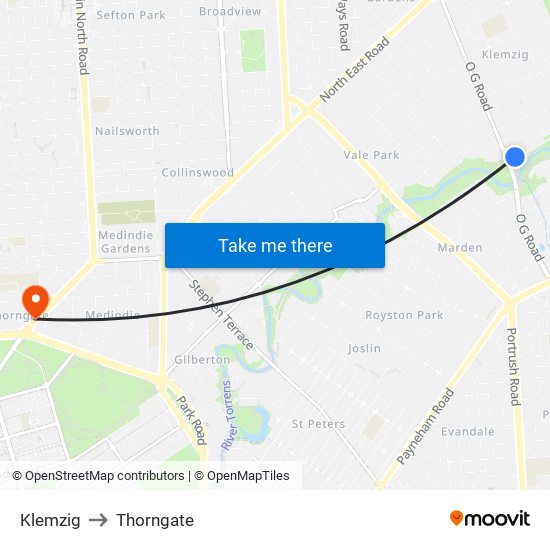 Klemzig to Thorngate map