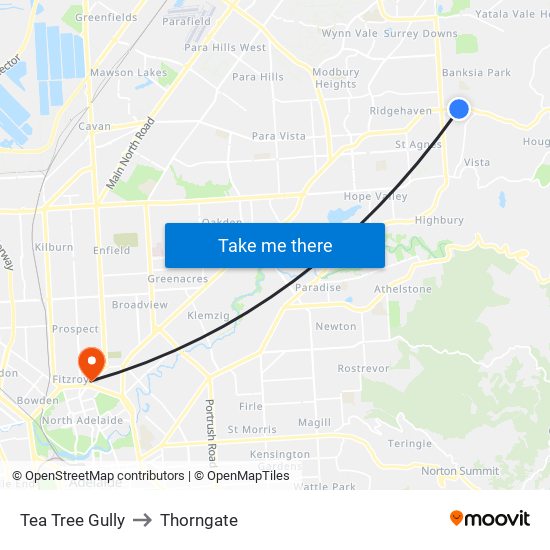 Tea Tree Gully to Thorngate map