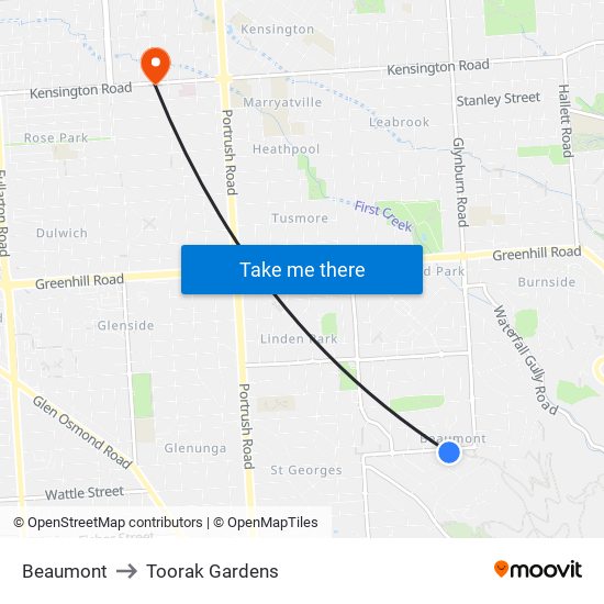 Beaumont to Toorak Gardens map