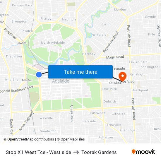 Stop X1 West Tce - West side to Toorak Gardens map