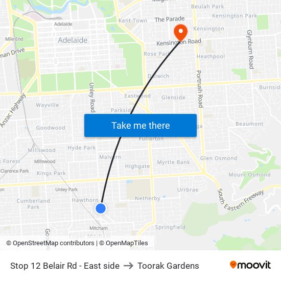 Stop 12 Belair Rd - East side to Toorak Gardens map