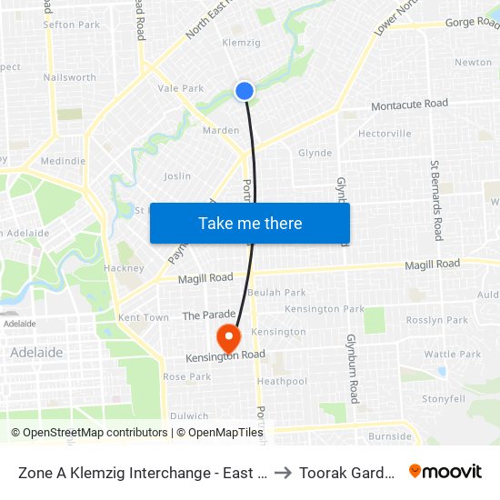 Zone A Klemzig Interchange - East side to Toorak Gardens map