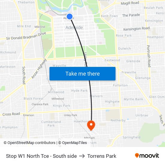 Stop W1 North Tce - South side to Torrens Park map