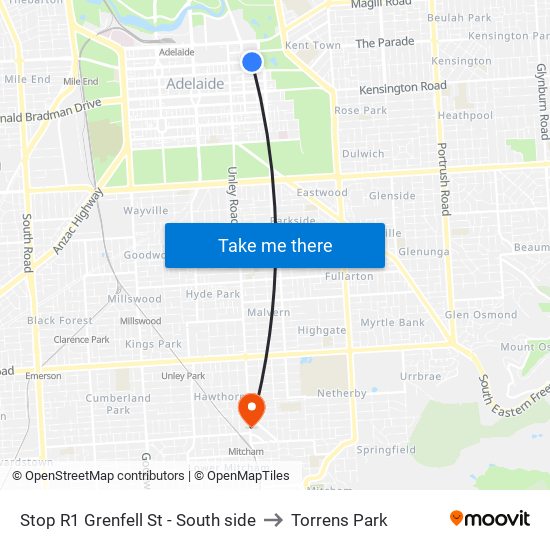 Stop R1 Grenfell St - South side to Torrens Park map