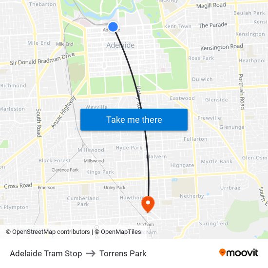 Adelaide Tram Stop to Torrens Park map