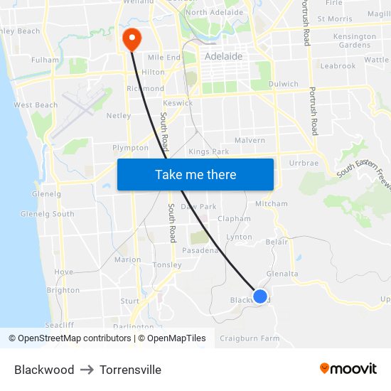 Blackwood to Torrensville map