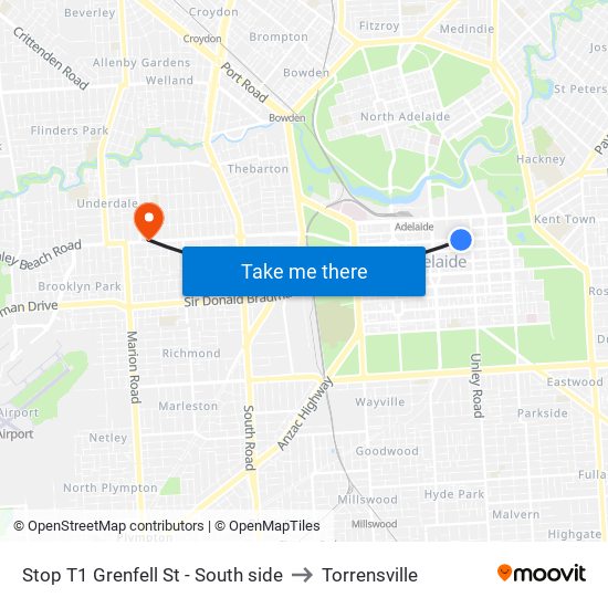Stop T1 Grenfell St - South side to Torrensville map