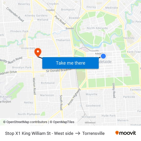 Stop X1 King William St - West side to Torrensville map