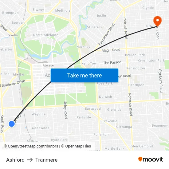 Ashford to Tranmere map