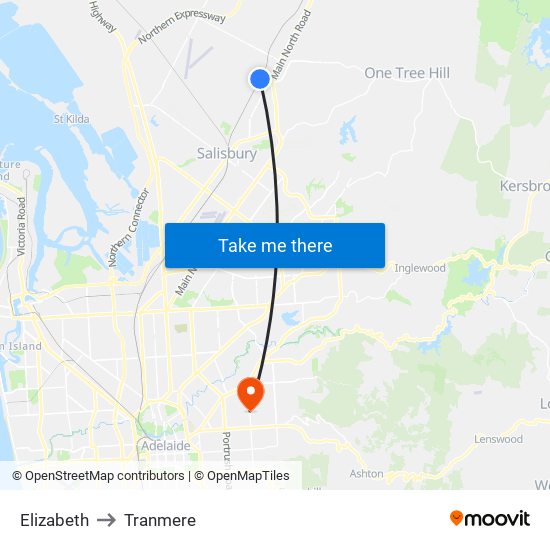 Elizabeth to Tranmere map