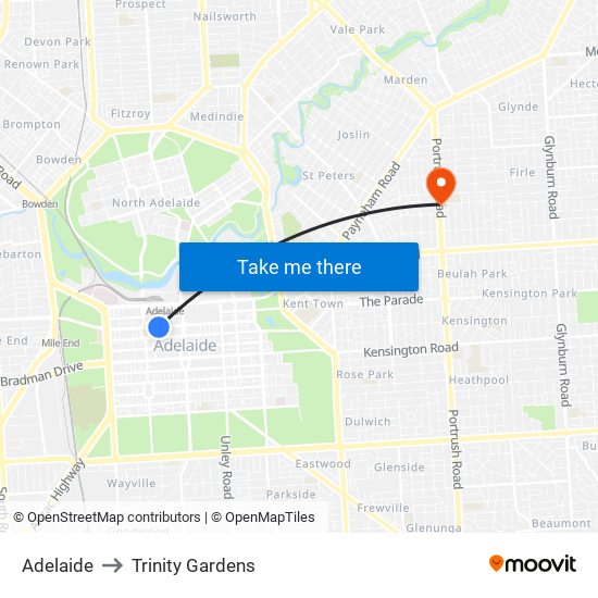 Adelaide to Trinity Gardens map