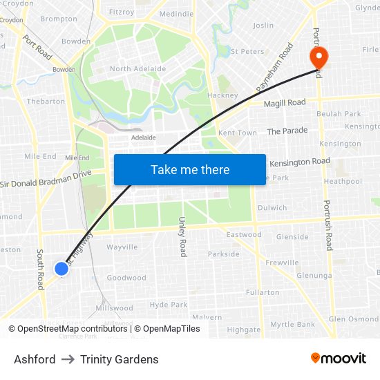 Ashford to Trinity Gardens map