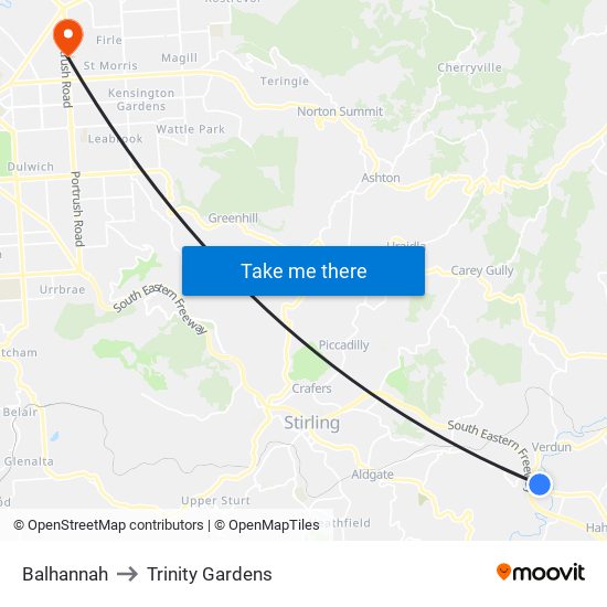 Balhannah to Trinity Gardens map