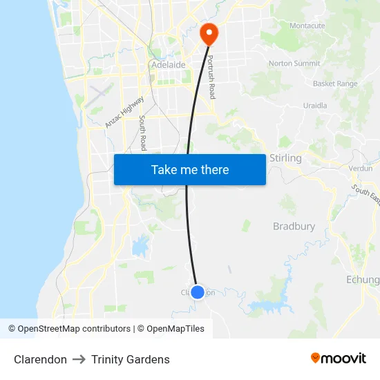Clarendon to Trinity Gardens map