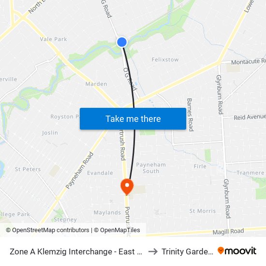 Zone A Klemzig Interchange - East side to Trinity Gardens map