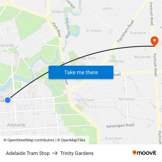 Adelaide Tram Stop to Trinity Gardens map