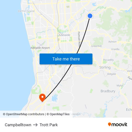 Campbelltown to Trott Park map