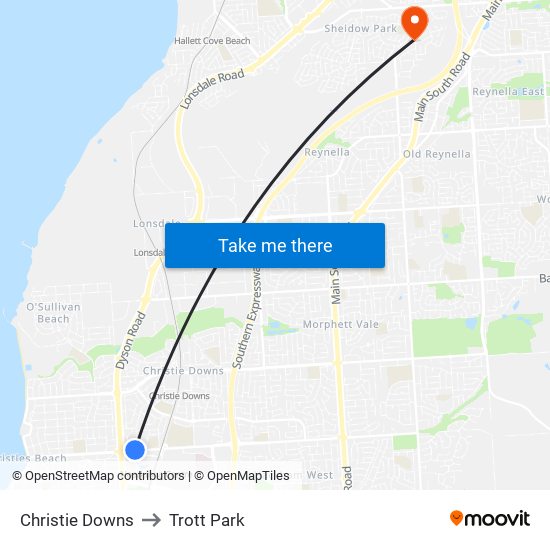 Christie Downs to Trott Park map