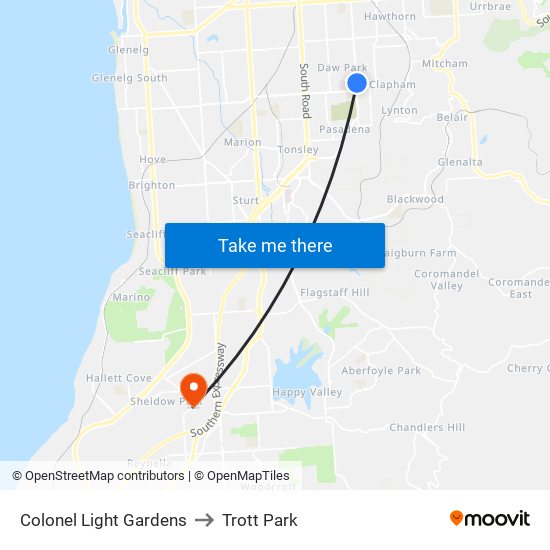 Colonel Light Gardens to Trott Park map