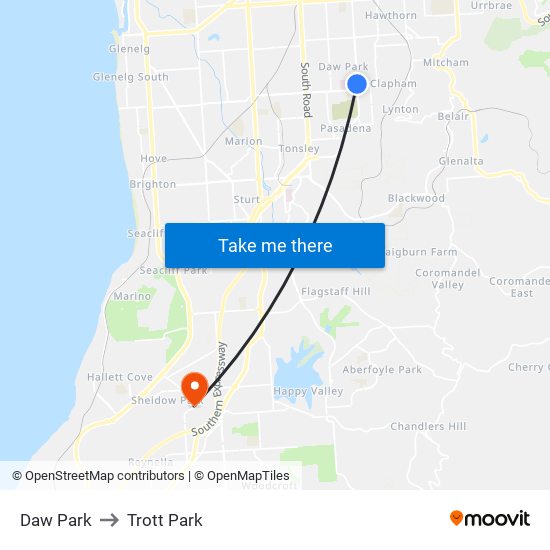 Daw Park to Trott Park map