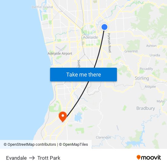 Evandale to Trott Park map
